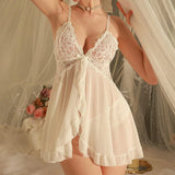 Floral Lace Split Sexy Babydoll Semi-sheer Deep V Bow Ruffle Dress And Panties Underwear Sets Women's Erotic Lingerie Nightgown