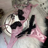 Toucheart Sexy Lace Patchwork Pink Lace Bra Thong Underwear Set For Women Bow Knot Black Lace Up Hollow Out Sexy Lingerie Set