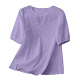 Women Summer Loose Embroidered V Neck Solid Color Short Sleeved Comfortable Button Down Shirt Top женская одежда