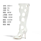 Big Size 43 Sexy Black Hollow Out Summer Boots Women White Thin High Heels Knee High Boots Stiletto Zip-up Peep Toe Party Shoes
