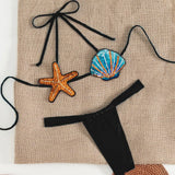 Shiny Sequin Shell Starfish Bikini Set Women Sexy Push Up Pleate Thong Swimsuit 2025 Brazilian Beach Bathing Suit Micro Swimwear