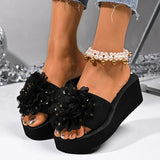 Fashion Flower Design Wedge Slippers Women Summer Sequins Black Platform Slides Female Stylish Anti-Slip High Heel Sandals Mujer