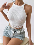 Women's Summer Vest Tassel Hem Sleeveless Cold Shoulder Fashionable Slim Tank Tops casual Y2K Chic Tops