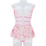 Sexy Crotchless Lingerie Women Lace Hollow Bodysuit Exotic Pajamas Teddy Babydoll Dress Deep V Open Bra Porno Underwear Set