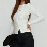 Women Long Sleeve Round Neck Spring Fall Lace Tops Slim Fit Solid Color Oblique Button Up T-shirts