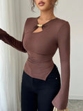Autumn and winter inner asymmetrical hollow metal decoration slim fit daily outer top