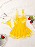 Transparent Thin Style G-string Lace Ruffle Trim Lingerie Set Women Nightgowns Sleeveless Sleepwear Sexy V-Neck Bra Panty Sets