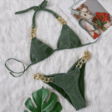 Halter Ribbed Metal Chains Diamond Bikini Women Swimsuit Female Swimwear Two-pieces Bikini Set Bather Bathing Suit Swim Lady
