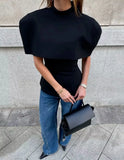 Women's Fashion Casual Shawl-Style Waist-Cinching Top Solid Color For Woman Elegant Cape Sleeve Top For Women White Black 81FF