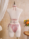 Women embroidery flower glitter metallic bikinis sets 3pcs with split mini skirt swimsuit bathing suit beach outfits biquini