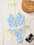 Y2k Style Women's Cherry Print Swimsuit Bow Decor Cute Swimwear Sexy V Neck Backless Lace-up Bathing Suit Beachwear Holiday Look