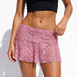 Summer Women Mini Skirts Floral Lace Sheer Elastic Waist A-line Skirt for Beach Vacation Club Cover-ups Streetwear
