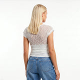 Women Summer Sheer Lace Tops Slim Fit V Neck Cap Sleeve Ruched Slim Crop Shirts Going Out Office Party Sexy T-shirt