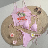 Vintage 3D Flower Thong Bikini Set 2026 Women Summer Fruit Print Cover Up 3 Piece Swimwear Push Up Bra Bathing Suit Swimsuit