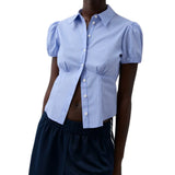 Chic Solid Color/Striped Print Button Down Tops Women Puff Sleeve Lapel Collar Slim Fit Shirts Summer Blouses