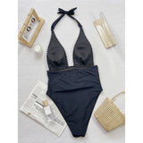 V Neck Halter Wrinkled Women Swimwear One Piece Swimsuit Female High Leg Cut Backless Monokini Bather Bathing Suit Swim V5878