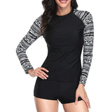 Women Two Pieces Vintage Print Rash Guard Swimwear Long Sleeve Shirt Shorts Surf Top Retro Print Running Shirt Split Swimsuit