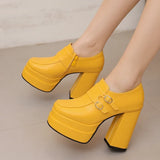Plus Size Double Row Small Buckle Side Zipper Square Toe Double Layer Platform High Thick Heel Women's Pumps Shallow High Heels