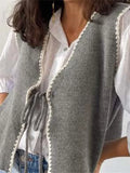 Women's Knit Waistcoat Contrast Color Trim Lacing Closure V-Neck Sleeveless Knit Sweater Vest Cardigan Outerwear
