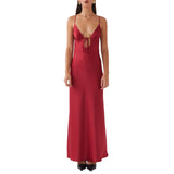 Women Cami Dress Solid Color Sleeveless Tie-Up Front Sleeveless Backless Dress Long Dress Summer Casual Spaghetti Strap Dress