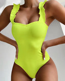2023 Vintage Swimsuit Women One Piece Ruffle Strap Swimwear Female Push Up Monokini Padded Beach Bathing Suits Black Bodysuits