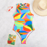 2026 Color Block Swimsuit One Piece Backless Printed Swimwear Women Bathers Bathing Swimming Swim Suit Padded Beachwear Summer