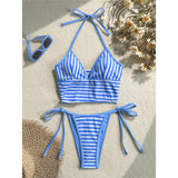 Striped Halter Tankini V Neck Bikini Women Swimwear Female Swimsuit Two-Pieces Bikini Set Padded Bather Bathing Suit Swim V8385
