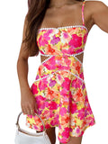 Women's Summer Fashion Open Back Mini Cami Dress Sleeveless Cutout Floral Print Spaghetti Strap Dresses