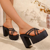 Woven Strap Chunky High Heel Sandals Women 2026 Summer Pu Leather Super High Heeled Sandles Woman Plus Size 43 Platform Slippers