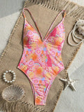 Sexy Pink Floral Print Swimwear Women 2026 Deep V Neck Slim Tummy Control One Piece Swimsuit Beach Hoiday Bathing Suit Monokini