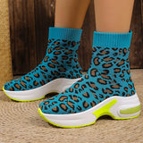 Fashion Leopard Print Platform Ankle Boots Women Comfy Slip On Breathable Knitted Boots Woman Plus Size 35-43 Wedges Short Boots