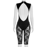 FDYOUI Women's Backless Sleeveless Bodysuits 2026 Summer Sexy Buttons Hollow Out Lace Jumpsuits Night Club Overalls Black Red