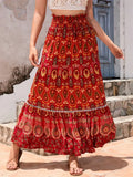 Women's Loose Long Skirt Bohemian Print Elastic Waist Ruffle Flowy Pleated Skirts Summer Beach Party Streetwear