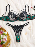 3/4 cup gathered netted lace lingerie set - green leopard print black floral embroidered bra and panties set ZA825183