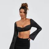 Women Long Sleeve Crop Tops Mesh Lace Trim Sweetheart Neckline Tie-Up Backless T-Shirts Spring Fall Slim Fit Shirts Streetwear