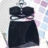 Wrap Around with Mesh Sarong Skirt Bikini Female Swimsuit Women Swimwear Three-pieces Bikini Set Beachwear Bathing Suit Swim