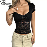 Phantasy Women's Lace Short Sleeve Shirt Sexy Hot Girl Y2K V-Neck Slim Top Bow Knitted Low Cut Short Top Summer Women Clothing