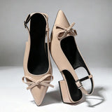 Big Size 42 Vintage y2k Slingback Sandals Women Summer Elegant Nude Bow Knot Pointed Toe 3cm Square Heels Office Lady Shoes