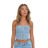Women Summer Denim Vest Off Shoulder Street Casual Party Street Buttons Short Wrap Chest Tops