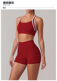 Summer 2 Pieces Yoga Sets Women Color Contrast Back I-shaped Shockproof Sports Bra High Waist Shorts Gym Fitness Suit Tracksuit