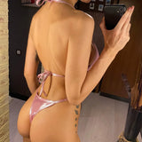 New PU Faux Leather Halter Mini Thong Bikini Female Swimsuit Women Swimwear Two-pieces Bikini Set Bather Bathing Suit Swim V5206
