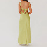 Women Cami Dress Solid Color Sleeveless Tie-Up Front Sleeveless Backless Dress Long Dress Summer Casual Spaghetti Strap Dress