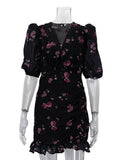 FDYOUI Elegant V-neck Floral Printed Short Dress High Street Women's Puff Sleeve High Waist Tunics Ruched Vacation Party Dresses
