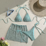 With Fishnet Sarong Skirt Halter Micro Bikini Women Swimwear Female Swimsuit Three-pieces Bikini Set Bathing Suit Swim Beachwear