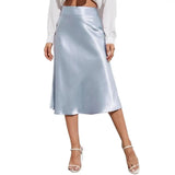 Satin-Like Shiny Skirt Women Midi Skirt High Waist Solid Color Mid-calf Length Skirt Soft Breathable Fabric Work Skirts
