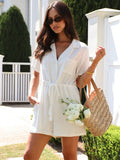 Foridol Wide Leg Cotton Women Romper Turn Down Collar Sash White Short Jumpsuit Buttons Pockets Loose Playsuit Summer Casual