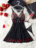 Hot Red Lips Lace Contrasting Sexy Babydoll Dress Mesh Slimming Erotic Lingerie With Thongs Sex Night Costumes