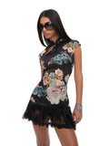 New Chinese style cheongsam hip-covering skirt Royal sister style tight lace national style printed fashion dress