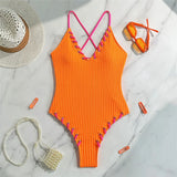 5 Colors V Neck Ribbed Cross Back One Piece Swimsuit Women Swimwear Female High Leg Cut Monokini  Bather Bathing Suit Swim V6278
