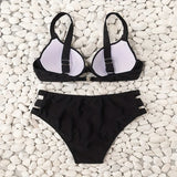 Solid Color Black Two Piece Swimsuit for Women Sexy Underwire V-neck Suspender Backless Bikini Set High Waist Beach Swimwear